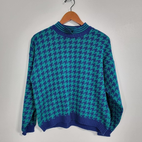 Nuggets Sweaters - Vintage 80's Houndstooth Cropped Acrylic Mock Neck Sweater